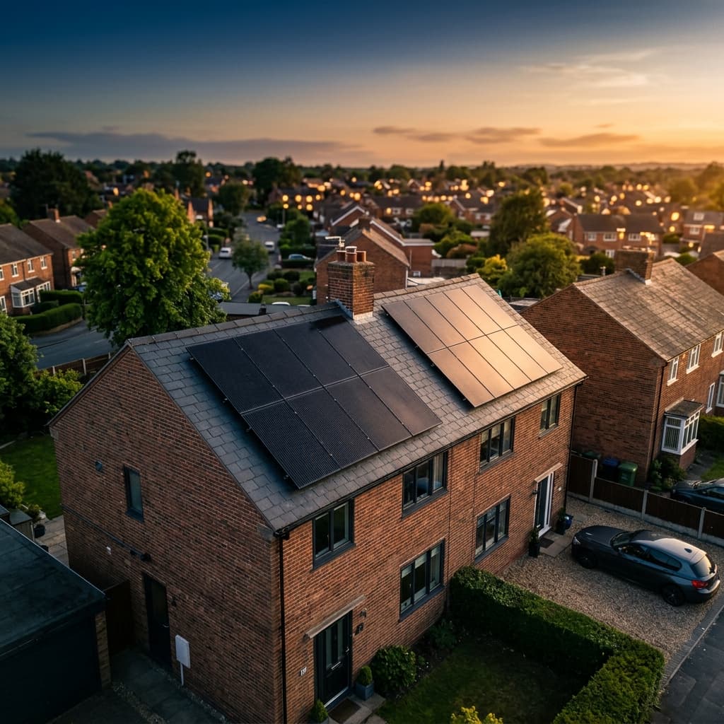 Aerial view of UK home with premium solar panels at sunset